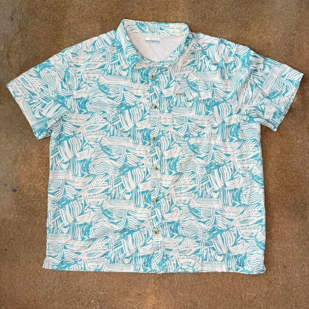 columbia fishing shirt blue tropical short sleeve outdoors performance